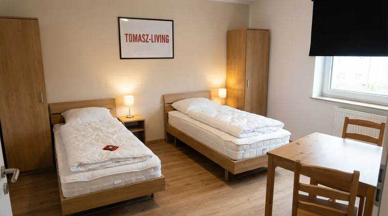 Zweibettzimmer mit zwei Einzelbetten, Nachttischlampen und Tisch