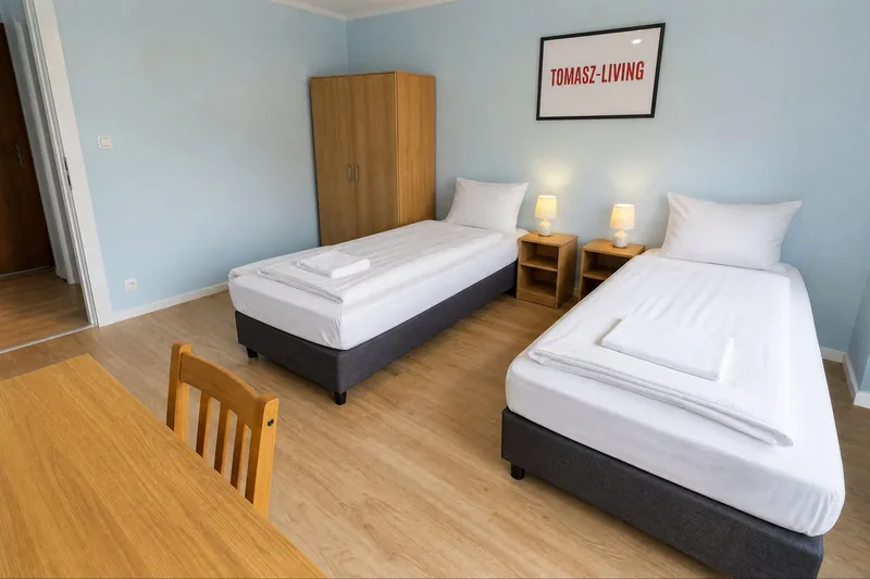 Zweibettzimmer mit zwei Einzelbetten vor blauer Wand