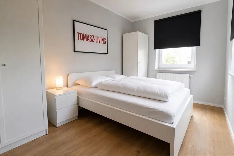 Zimmer mit breitem Bett, Nachttisch und Fenster