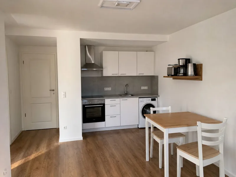Offene Wohnküche mit Dunstabzug, Backofen, Waschmaschine und Esstisch