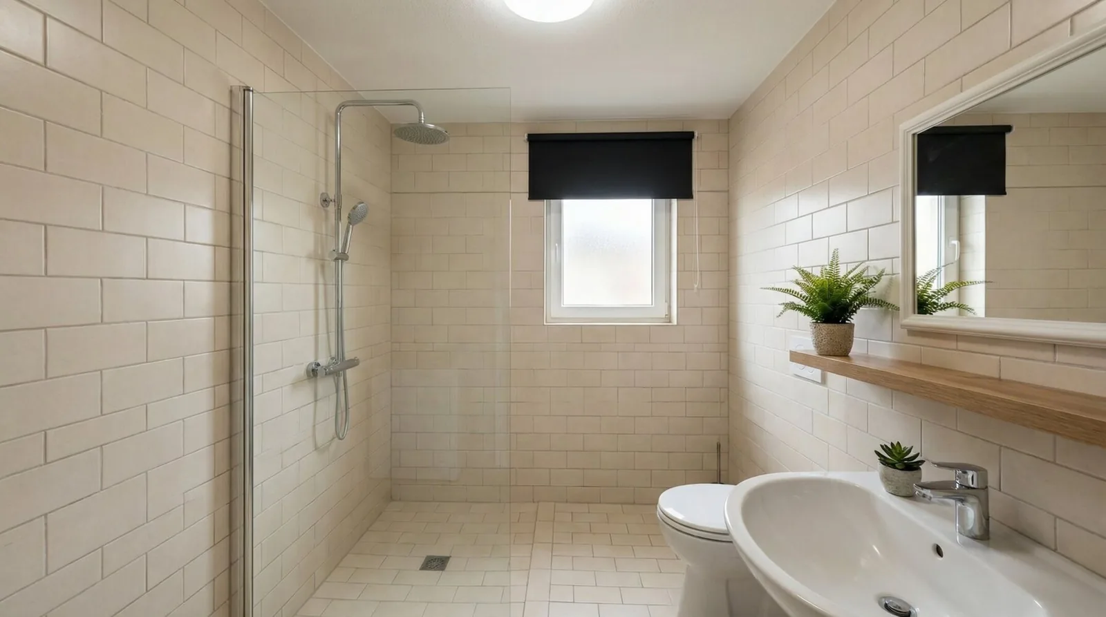 Weiß gefliestes Bad mit bodengleicher Dusche und Waschbecken