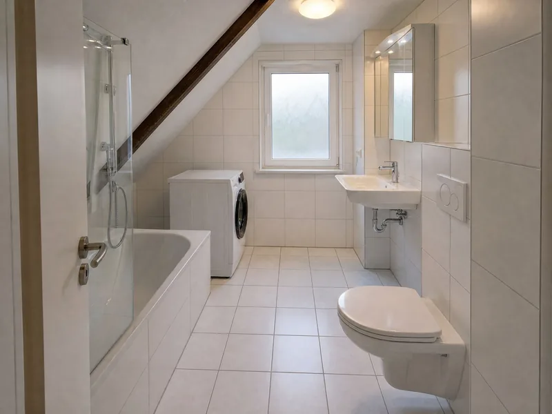 Bad mit Badewanne, Waschmaschine und Fenster