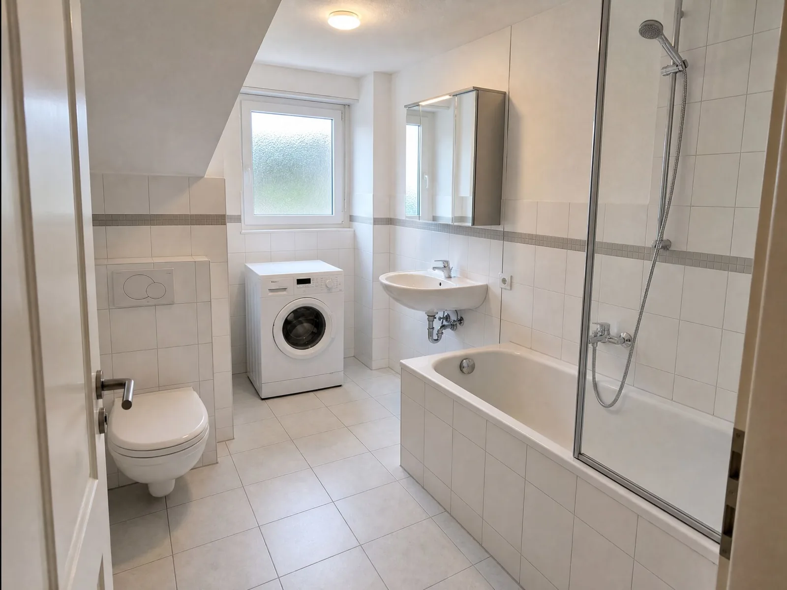 Bad unter der Dachschräge mit Badewanne und Waschmaschine