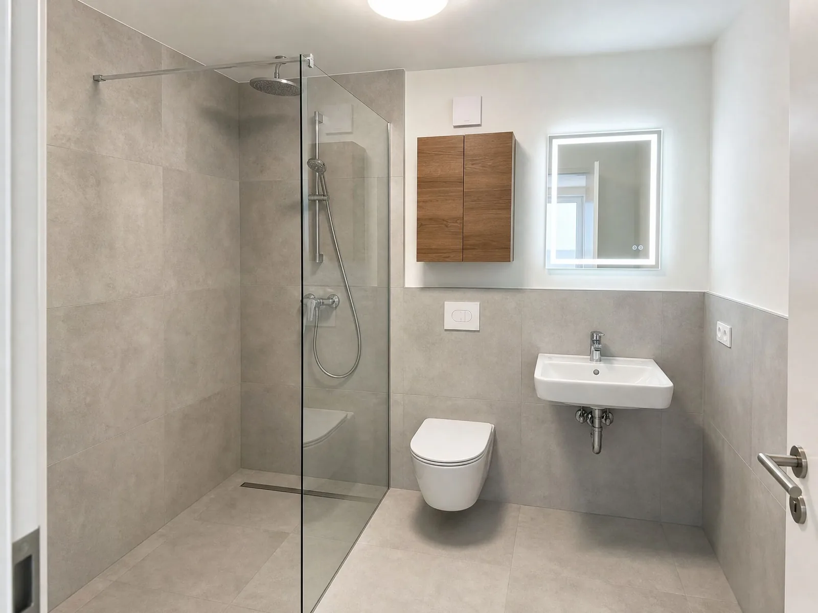 Helles Bad in Betonoptik mit bodengleicher Dusche