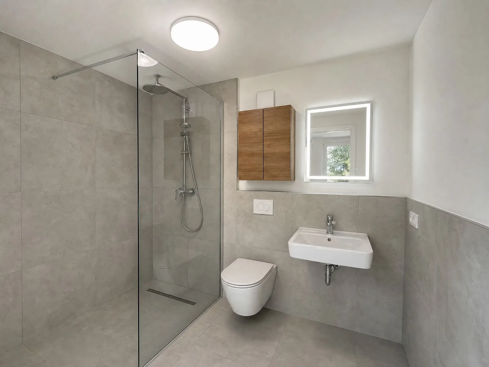 Grau gefliestes Duschbad mit bodengleicher Dusche und Spiegelschrank